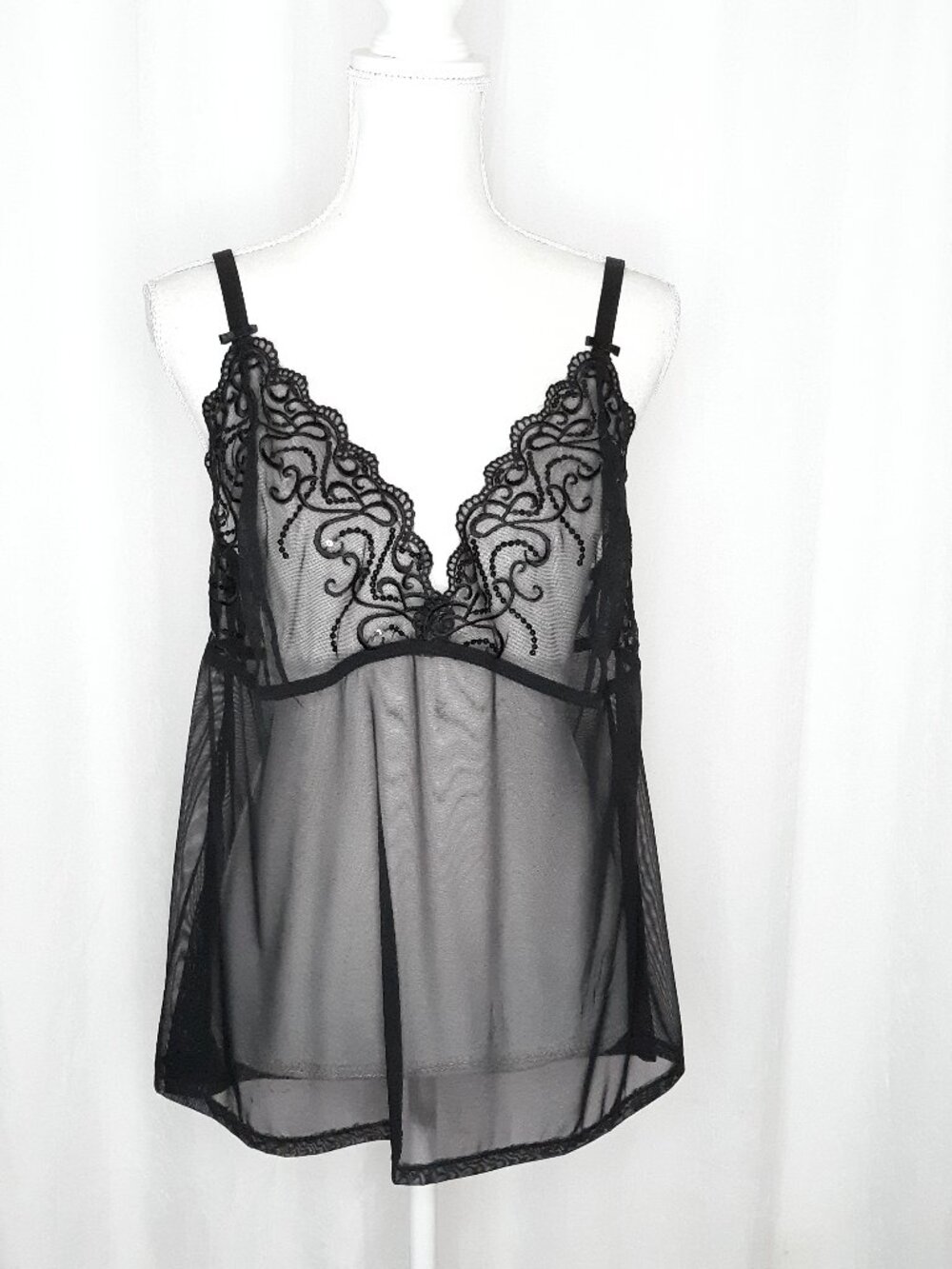 Cacique Sexy Black Sequined Bow Sheer Camisole